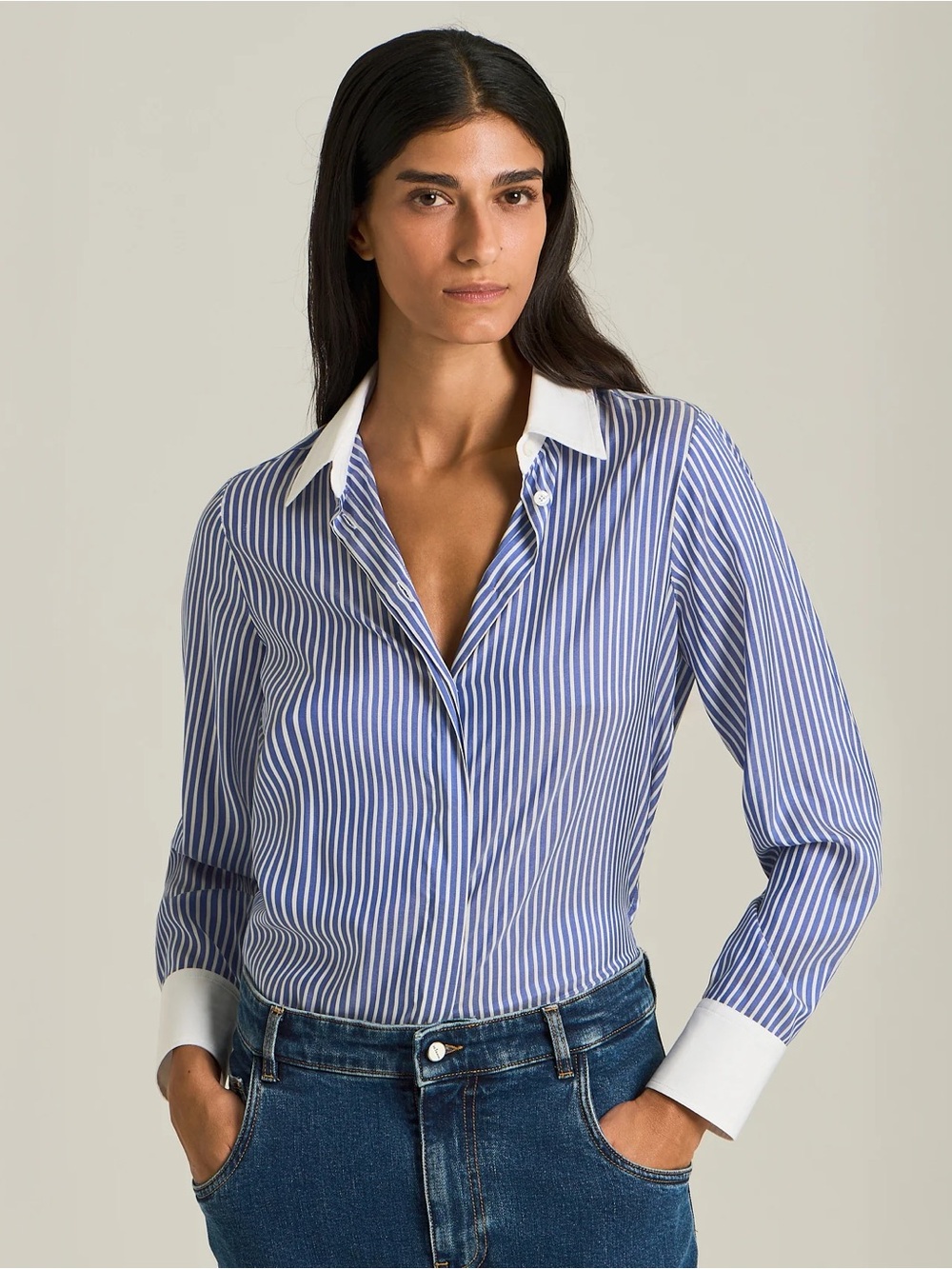 Truth Navy and White Pinstripe Shirt with White Contrast Collar Small